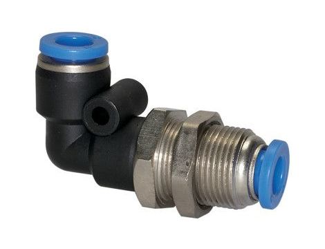 Złączka pneumatyczna wtykowa grodziowa kątowa M20 do węża fi 10 mm, mosiądz niklowany