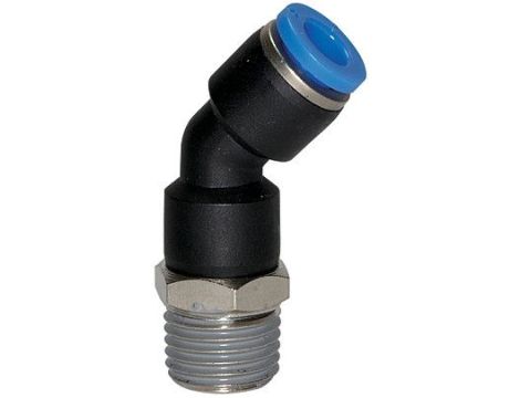 Złączka pneumatyczna wtykowa kątowa 45° M5 GZ, do węża fi 6 mm, tworzywo sztuczne