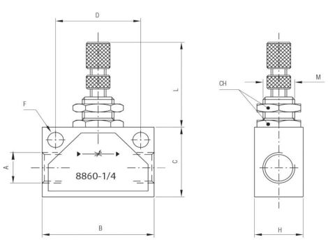 Zawór dławiący gwintowany typu kostka G 1/4 GW, aluminium - 2