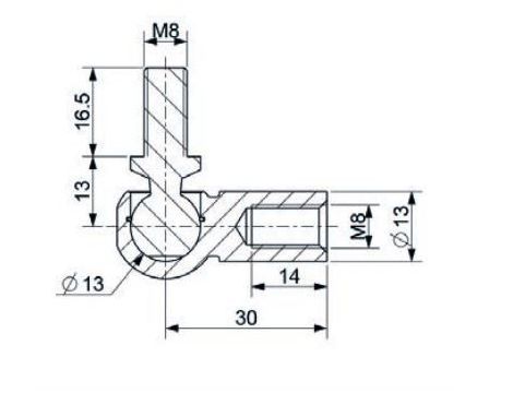 Mocowanie sprężyny gazowej z gwintem M8-M8 przegub kulowy, fi 13 mm, długość 30 mm, do 1200N - 2