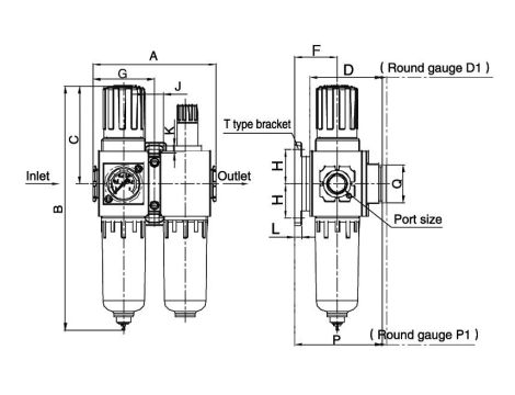 Blok przygotowania powietrza G 1/8 GW do 10 bar, regulacja 1,5-9 bar, 5 um