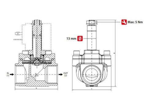 Zawór elektromagnetyczny membranowy 2/2 NC, G 3/8, NBR, NC, 0-16 bar, DN14, 24V DC, stal nierdzewna - 5