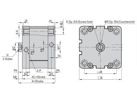 Siłownik pneumatyczny kompaktowy, D80x25 ISO21287, z gwintem wewnętrznym