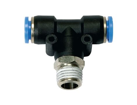 Trójnik wtykowy T z tworzywa sztucznego do węża 4, gwint zewnętrzny stożkowy R1/8z, 132.018-4