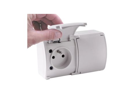 VIPLAST KOALA Gniazdo Podwójne Natynkowe z Białymi Klapkami z Uziemieniem Bolcem Białe Bryzgoszczelne