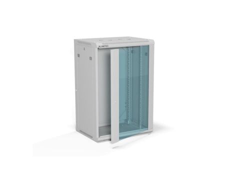 Szafa rack wisząca 19 cali 18U 600x450, drzwi szklane, tył i osłony boczne demontowalne, FLAT PACK kolor szary ALANTEC