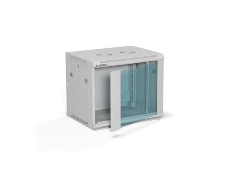 Szafa rack wisząca 19 cali 9U 600x450, drzwi szklane, tył i osłony boczne demontowalne, FLAT PACK kolor szary ALANTEC