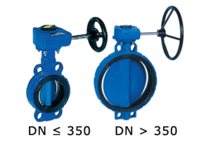 Przepustnica bezkołnierzowa SYLAX-Uranie z przekładnią ślimakową dysk GGG40 epoksydowany żeliwo szare Nitryl BAR 16 DN 200 Socla