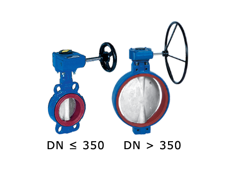 Przepustnica bezkołnierzowa SYLAX z przekładnią ślimakową dysk AISI316 żeliwo sferoidalne Viton 10 BAR DN 350 Socla