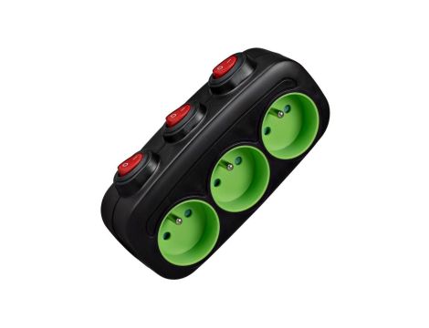 Rozgałęźnik sieciowy 3 gniazda z uziemieniem i wyłącznikami podłużny czarno-zielony VA0357 VAYOX