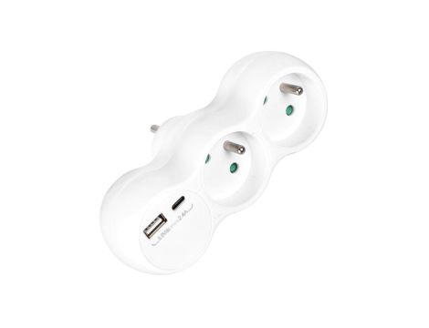Rozgałęźnik sieciowy 2 gniazda French z uziemieniem + USB-C 2.4A + USB-A 2.4A VA0358 VAYOX