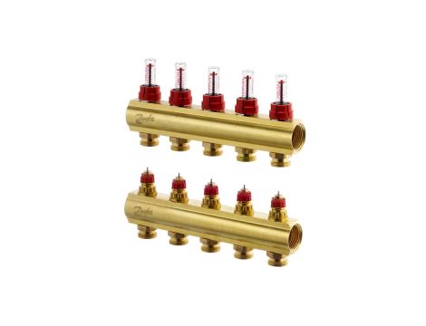 Danfoss Rozdzielacz FHF-F, Mosiądz, Liczba przyłączy kolektorów ogrzewania [pętle] [Max.]: 5, 6 bar - 088U0525