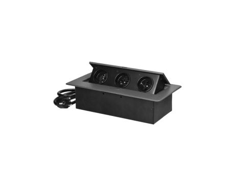 Gniazdo meblowe wpuszczane w blat potrójne 3x 230V 2P+Z z płaskim frezowanym rantem i przewodem 1,5m grafitowe