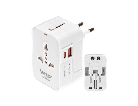 Ładowarka podróżna UK/US/EU/AU, USB-A, USB-C (PD20W) 100-240Vac 6A, 1500W VA0408 Vayox
