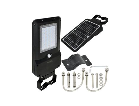 Oprawa, lampa solarna uliczna LED SOLGER 25W 3000lm 4000K IP65 czarna barwa NW biała neutralna czujnik PIR BEMKO