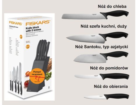 FISKARS ZESTAW 5 NOŻY W BLOKU CZARNYM