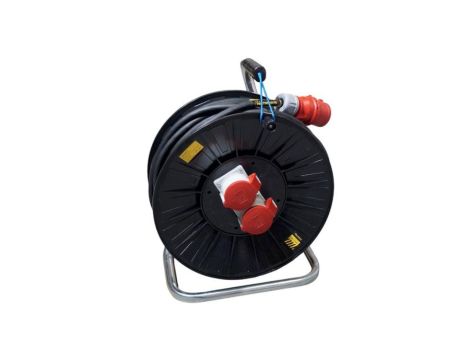 Przedłużacz siłowy 32A na bębnie, 50m, gniazda 2x CEE 32A, przewód H07RN-F 5x4mm2