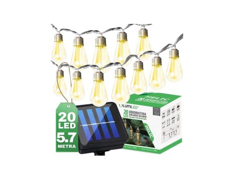 Girlanda Solarna Ogrodowa 20x LED Ozdobne Żarówki 5,69m Ciepła 3000K HELIC LUMILED