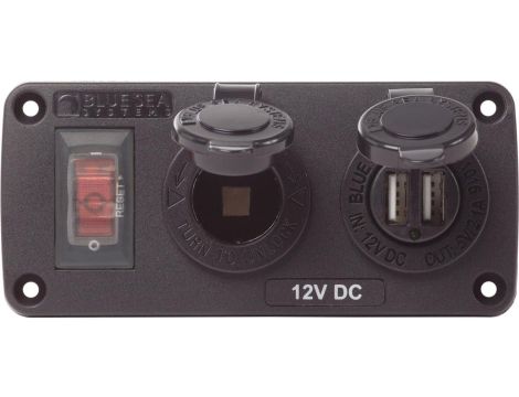 Wodoodporny Panel Blue Sea – Wyłącznik 15A, Gniazdo 12V, Ładowarka USB 2.1A