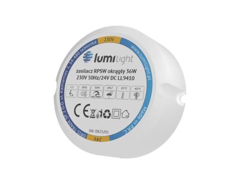 Zasilacz do puszki instalacyjnej, IP67, średnica 55mm, głębokość 22mm, 24V 1,5A 36W uniwersalny Lumilight