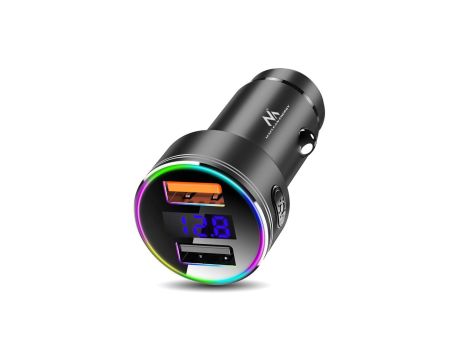 Ładowarka samochodowa Maclean, z wyświetlaczem, aluminiowa, voltomierz, USB 1x QC 3.0, USB 1x 5V/2.4A, RGB LED, MCE375