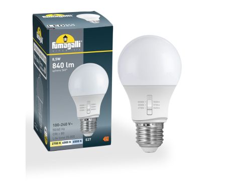 Źródło światła Fumagalli LED CCT E27 A60 8,5W 2700K/4000K/6500K mleczna 230V biały / tworzywo sztuczne