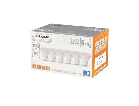 Zestaw 6x Żarówka LED GU10 PAR16 10W=80W 1149lm Mocna Brak Migotania 3000K