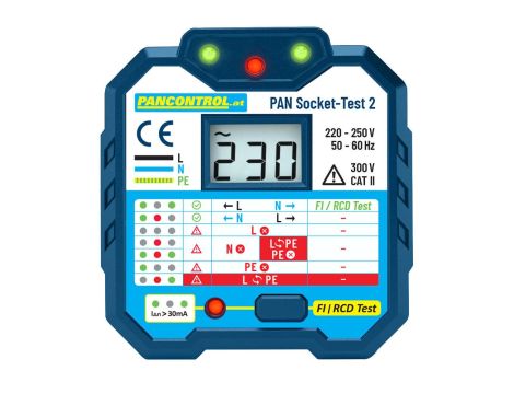 Tester gniazdek PANSOCKET-TEST-2 RCD 30 mA  KAT II 300 V 90-250V