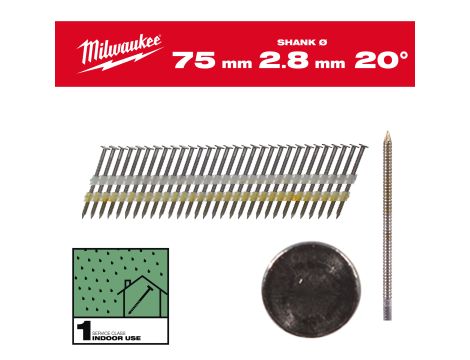 Milwaukee - Gwoździe 20° pierścieniowe okrągły łeb jasny 75mm 1750szt. - M18 FFN21 - 4932492588