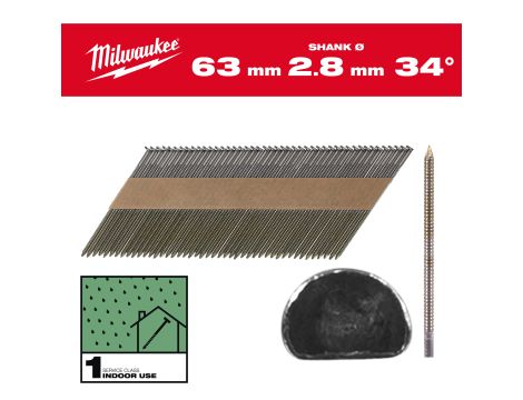 Milwaukee - Gwoździe 34° pierścieniowe okrągły łeb jasny 63mm - 2200szt - M18FFN - 4932492600