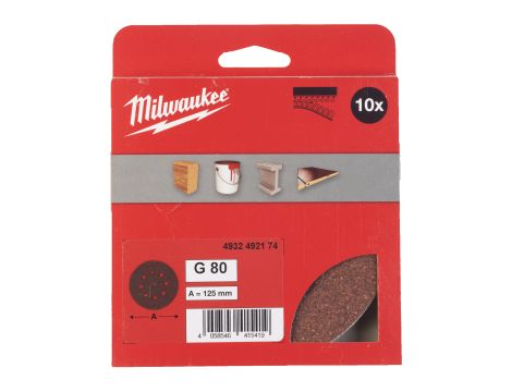 Milwaukee - Papier ścierny Ø125/8 otworów G80 - 10 szt. - 4932492174 - 2
