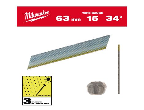 Milwaukee - Sztyfty wykończeniowe, 15G, głowa typu D 63mm INOX do M18 CN15GA 2200szt. - 4932492581