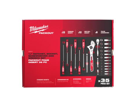 Milwaukee - Wkładka piankowa z nasadkami 1/4", wkrętakami i kluczem - do skrzyni Packout z szufladami, 35 szt - 4932480717 - 2