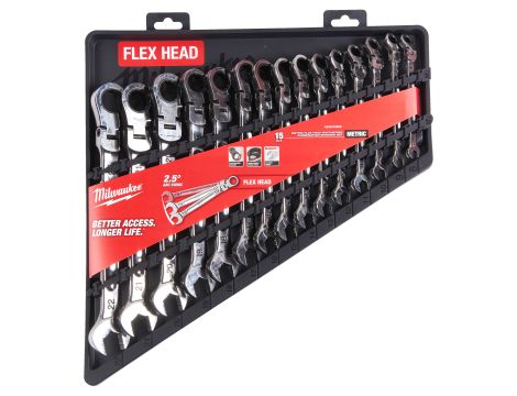 Milwaukee - Zestaw kluczy płasko-oczkowych 15 szt. z ruchomą główką grzechotki - metryczny - 4932478558 - 2