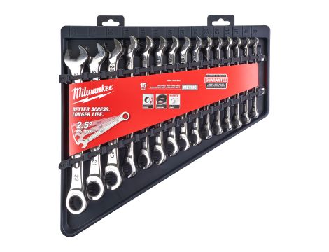 Milwaukee - Zestaw kluczy płasko-oczkowych MAXBITE z grzechotką 15 szt. - metryczny - 4932464994 - 2