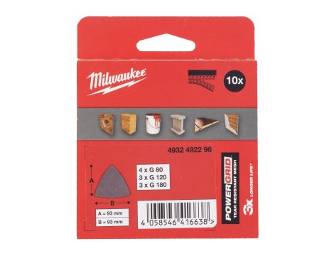 Milwaukee - Zestaw siatek ściernych POWERGRID 93x93 mm (3xG80/3xG120/3xG180 + 1 podkład zab.) - 10 szt. - 4932492296 - 2