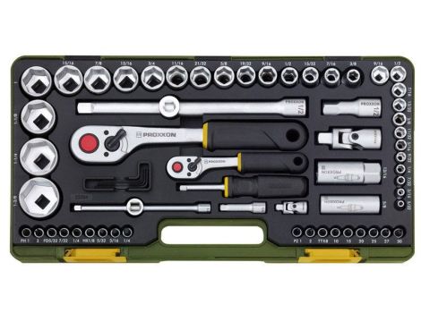 Zestaw z grzechotkami 1/2 cala i 1/4 cala PROXXON dla wielkości calowych [65 części]