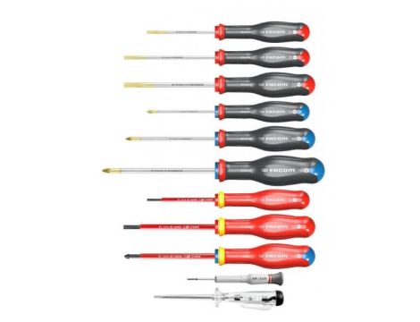 Facom - Zestaw 11 wkrętaków Protwist® do śrub z rowkiem, śrub Pozidriv®, izolowanych, Micro-Tech®, 1,5 - AT.11PB