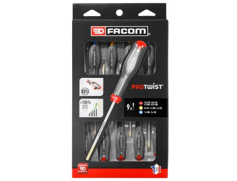 Facom - Zestaw 9 wkrętaków Protwist® do śrub  z rowkiem i krzyżakowych Phillips® i Pozidriv®, 2,5-5,5 mm, PH0-PH2, PZ1-PZ2 - AT.9PB