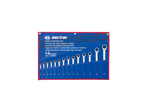 King Tony - ZESTAW KLUCZY PŁASKO-OCZKOWYCH Z GRZECHOTKĄ JEDNOKIERUNKOWĄ 14cz. 8 - 24mm, ETUI - 12114MRN