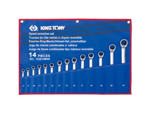 King Tony - ZESTAW KLUCZY PŁASKO-OCZKOWYCH Z GRZECHOTKĄ DWUKIERUNKOWĄ 373A 14cz. 8 - 24mm, ETUI - 122A14MRN