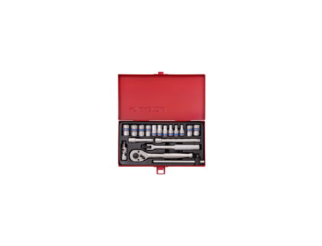 King Tony - ZESTAW NASADEK 1/4" 18cz. KRÓTKIE 12/8-kąt. 4 - 12mm Z GRZECHOTKĄ I AKCESORIAMI, KASETA - 2019MR