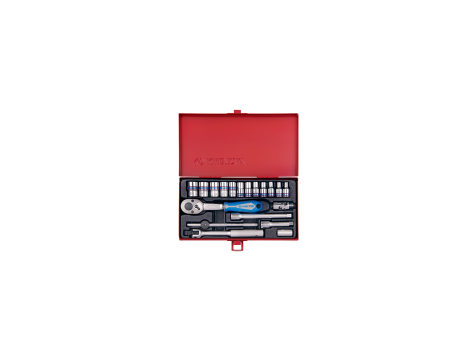 King Tony - ZESTAW NASADEK 1/4" 19cz. KRÓTKIE 12-kąt. 4 - 13mm Z GRZECHOTKĄ I AKCESORIAMI, KASETA - 2021MR - 2