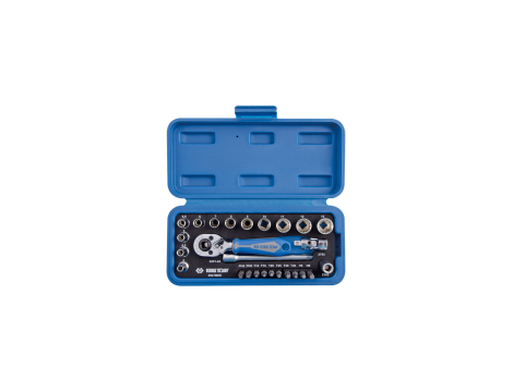 King Tony - ZESTAW NARZĘDZI 1/4" 27cz. NASADKI KRÓTKIE, 12-kąt. 4 - 14mm Z GRZECHOTKĄ I AKCESORIAMI, KASETA - 2027MRE - 2