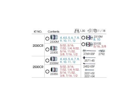 King Tony - ZESTAW NASADEK 1/4" METRYCZNYCH I CALOWYCH 30cz. 12/8-kąt. 4 - 12mm, 5/32 - 1/2" Z GRZECHOTKĄ I AKCESORIAMI, KASETA - 2030CR