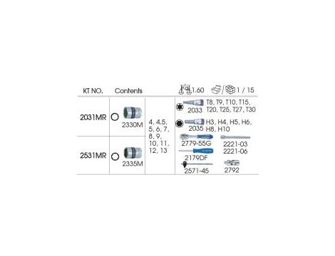 King Tony - ZESTAW NARZĘDZI 1/4" 31cz. NASADKI 12-kąt. 4 - 13mm, T8 -T30, HEX 3 - 10 Z GRZECHOTKĄ I AKCESORIAMI, KASETA - 2031MR