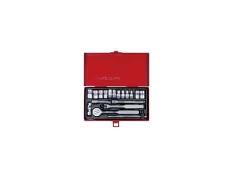 King Tony - ZESTAW NASADEK 1/4" 18cz. KRÓTKIE, 6/8-kąt. 4 - 12mm Z GRZECHOTKĄ I AKCESORIAMI, KASETA - 2518MR