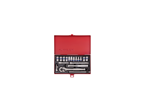 King Tony - ZESTAW NASADEK 1/4" 18cz. KRÓTKIE, 6/8-kąt. 4 - 12mm Z GRZECHOTKĄ I AKCESORIAMI, KASETA - 2519MR