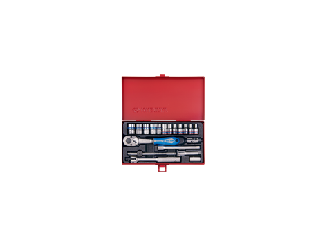 King Tony - ZESTAW NASADEK 1/4" 19cz. KRÓTKIE, 6-kąt. 4 - 13mm Z GRZECHOTKĄ I AKCESORIAMI, KASETA - 2521MR - 2