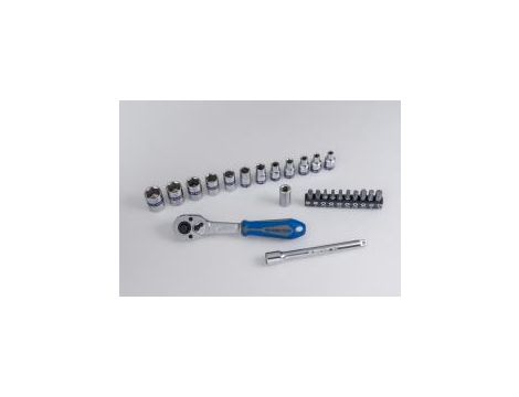 King Tony - ZESTAW NARZĘDZI 1/4" 25cz. NASADKI KRÓTKIE, 6-kąt. 4 - 13mm Z GRZECHOTKĄ I AKCESORIAMI, KASETA - 2525MRE